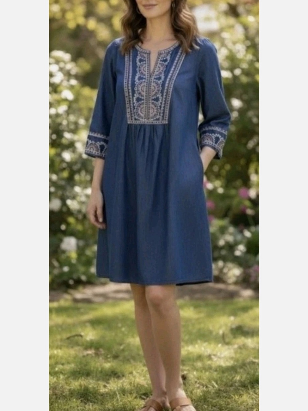 J.Jill Denim Tunic Dress Sz S Embroidered Indigo Knee Length Split Neck Pockets